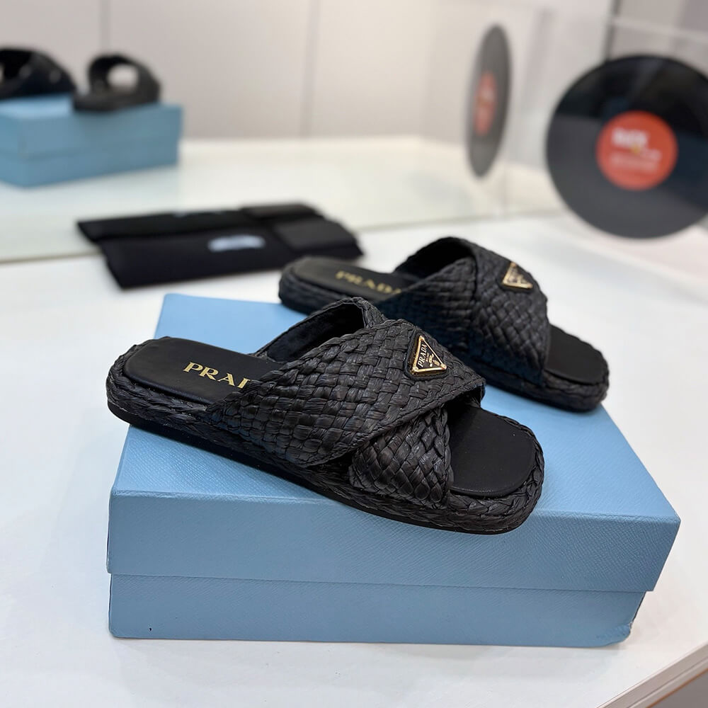 Prada Raffia crisscross slides